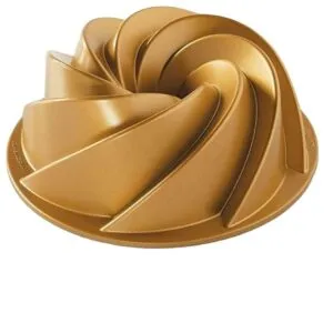 Golden Plated Bundt Cake Mould in Aluminum with Elegant Design and Resin Epoxy Mold Perfect for Kitchenware and Bakery Use