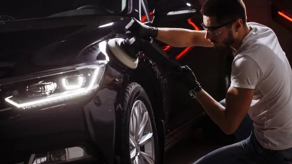 Car detailing - man with orbital polisher in auto repair shop. Selective focus.