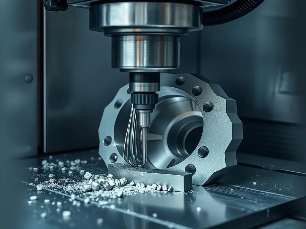 5-axis CNC milling machine creating a complex metal part