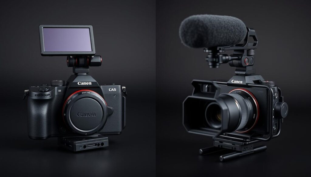 Before and after comparison of a basic camera versus one with a full rig cage setup