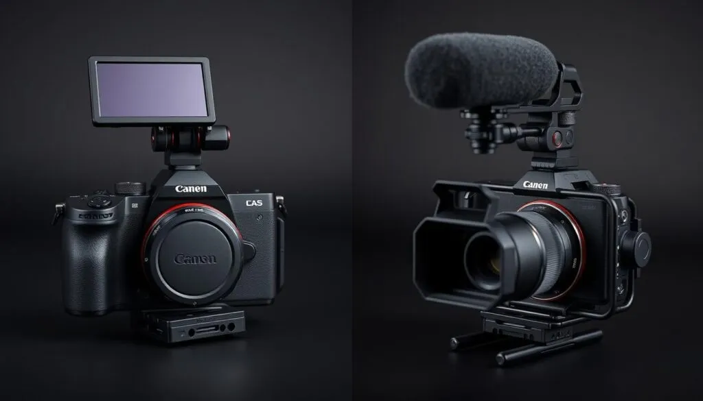 Before and after comparison of a basic camera versus one with a full rig cage setup