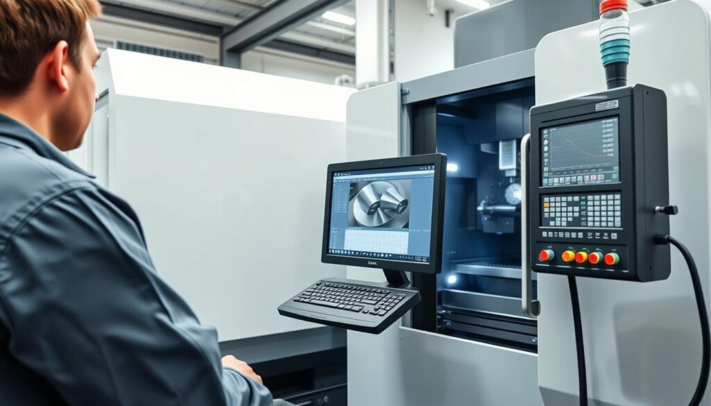 CNC machining process showing computer control interface and machine operation
