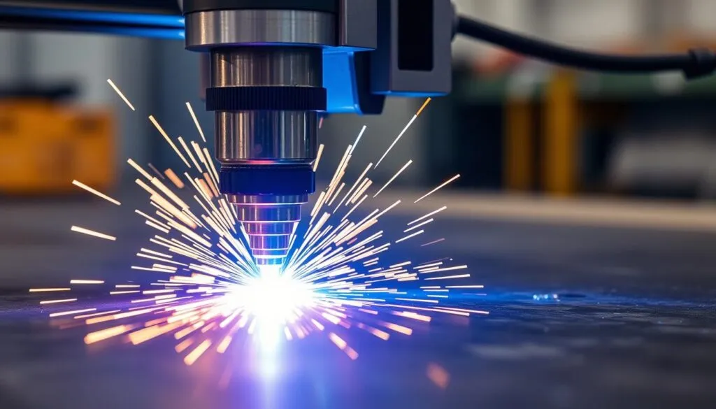 CNC plasma cutter slicing through metal with a bright plasma arc
