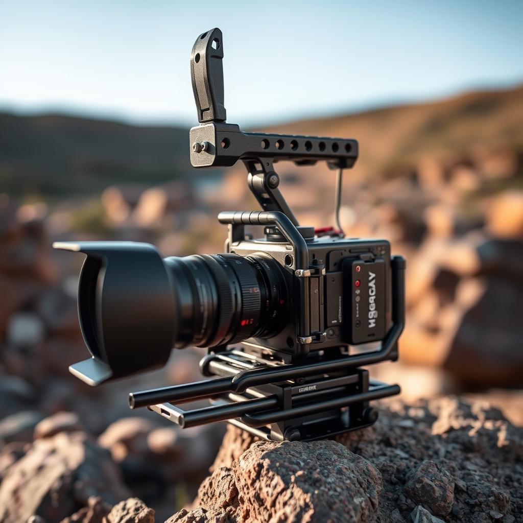 Camera rig cage protecting a camera during outdoor filming