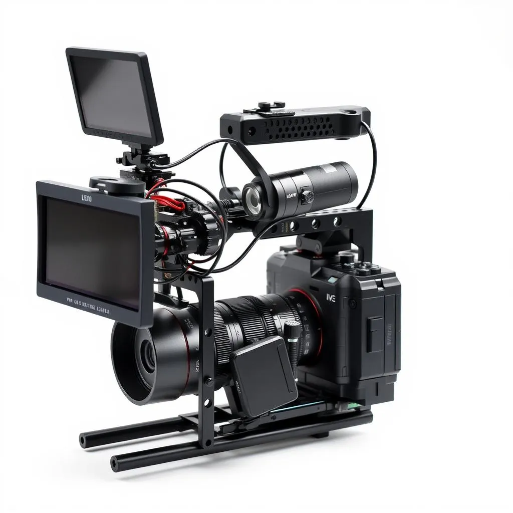 Camera rig cage with multiple accessories mounted including monitor and microphone