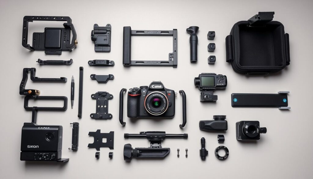 Collection of camera cage alternatives including L-brackets, grips, and hot shoe adapters