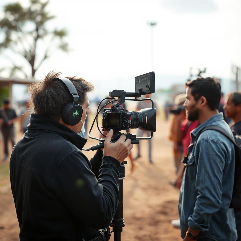 Documentary filmmaker using camera cage in the field