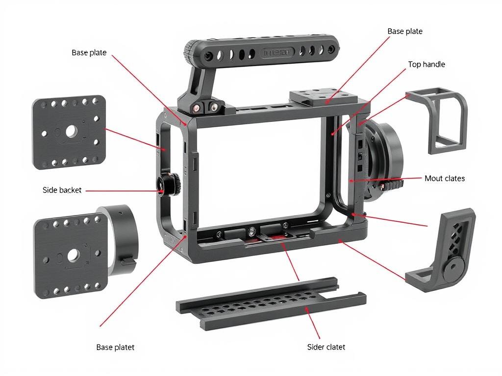 Exploded view of a camera cage showing its components