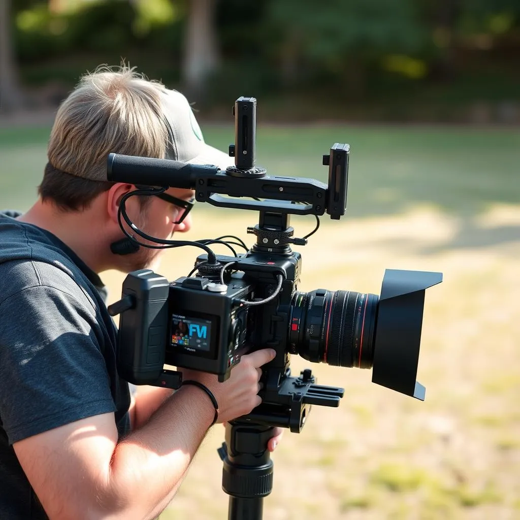 Filmmaker using a camera rig cage for stabilized handheld shooting