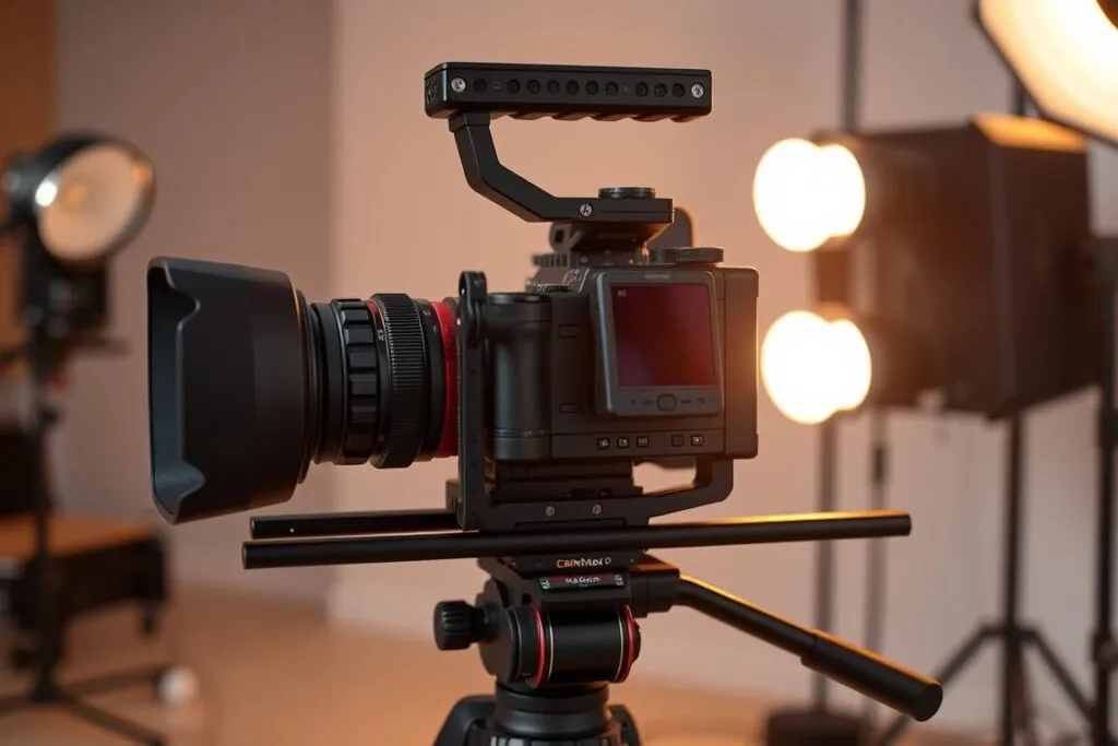 Full studio camera cage setup with follow focus and matte box