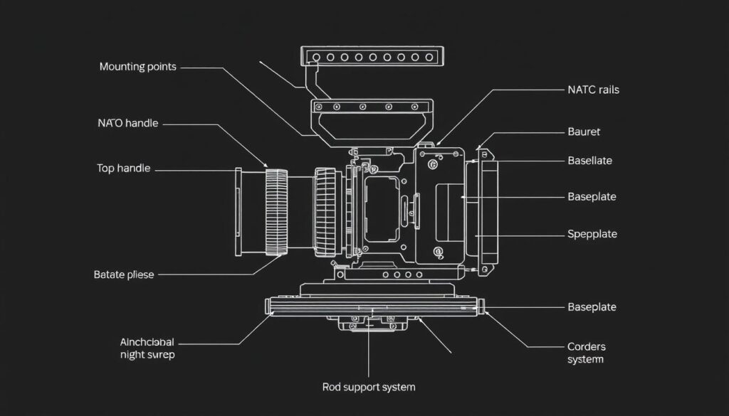 Labeled diagram of camera rig cage components showing mounting points, handles, and rails