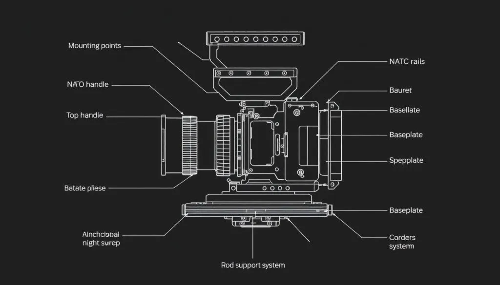 Labeled diagram of camera rig cage components showing mounting points, handles, and rails