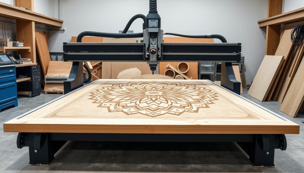 Large CNC router cutting a complex pattern in a wood panel