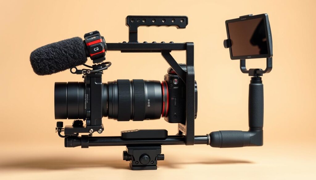 Professional camera cage mounted on a Sony mirrorless camera with multiple accessories attached