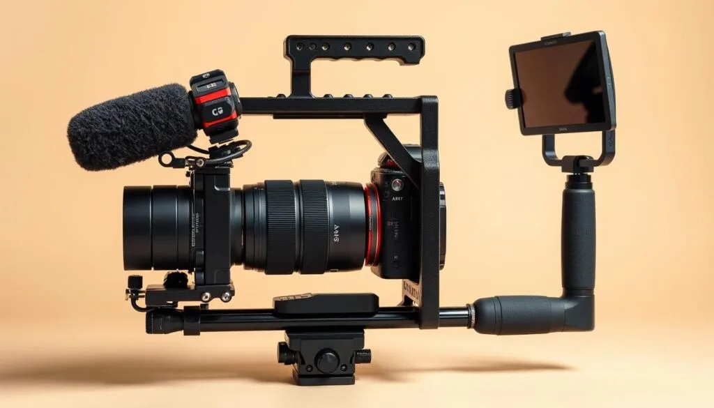 Professional camera cage mounted on a Sony mirrorless camera with multiple accessories attached
