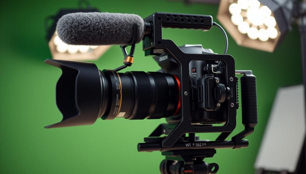 Professional camera rig cage mounted on a DSLR camera with various accessories attached