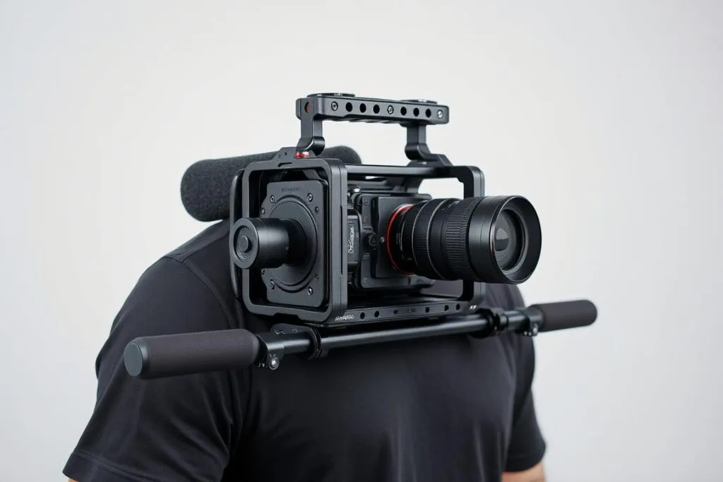 Shoulder-mounted camera rig cage with counterweight and padding