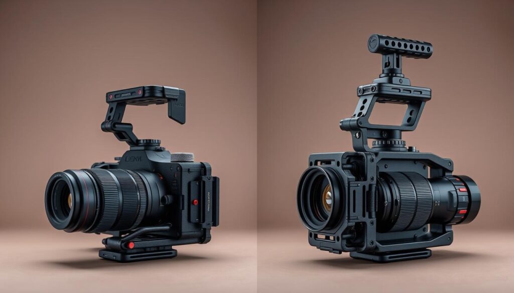 Side-by-side comparison of a camera with and without a cage