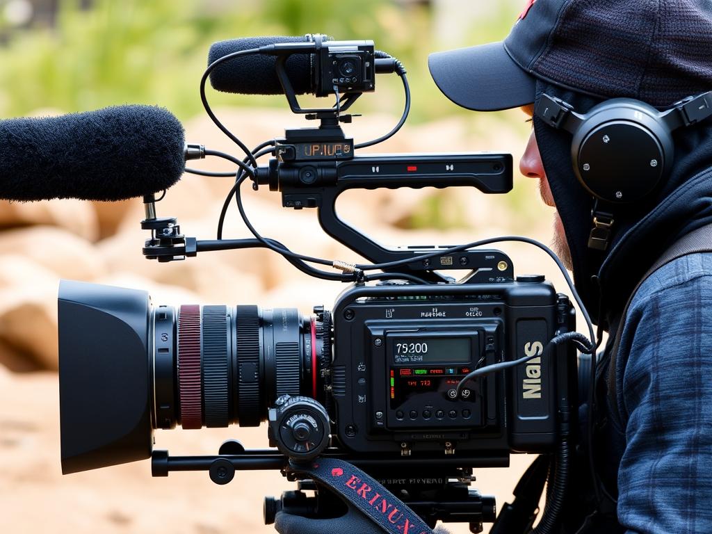 Videographer using a camera cage in a run-and-gun filming situation